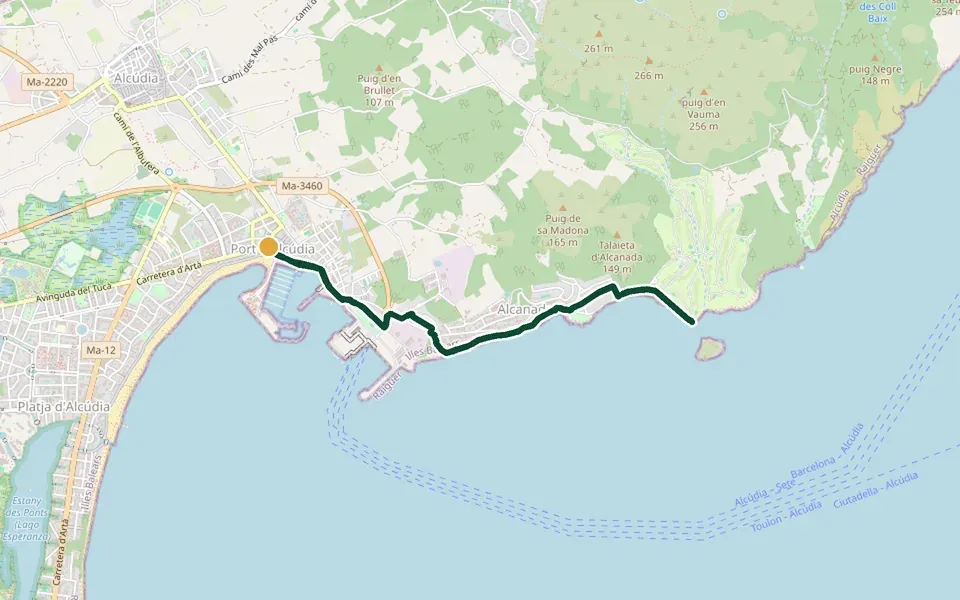 Karte der Laufstrecke Port d'Alcúdia bis zum Leuchtturm Alcanada auf Mallorca – 7,9 km, Start Port d'Alcúdia