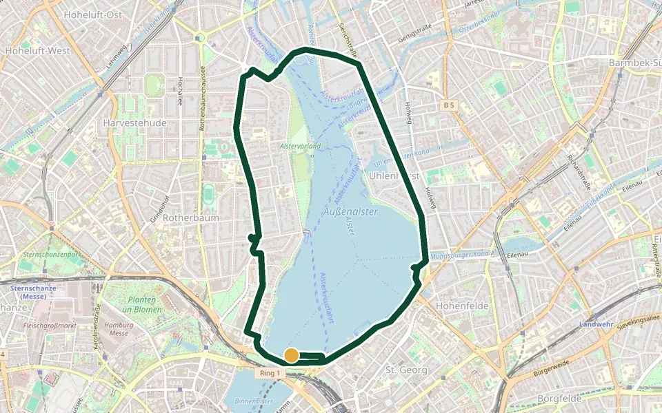 Karte der Laufstrecke Außenalster-Runde in Hamburg – 8,0 km, Start Kennedybrücke, Ostseite (St. Georg)