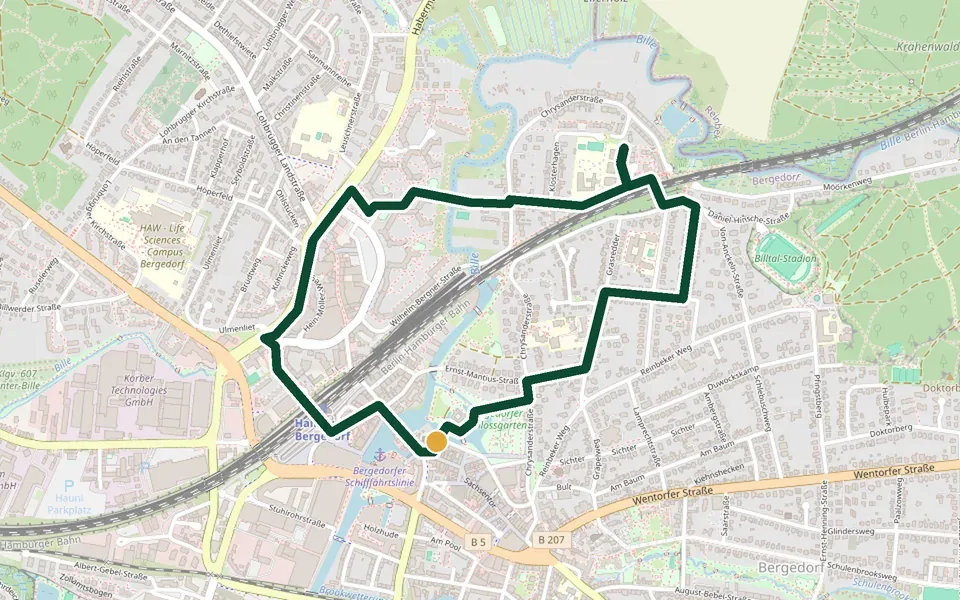 Karte der Laufstrecke Bergedorfer Schlosspark & Billetal in Hamburg – 4,0 km, Start Johann-Adolf-Hasse-Platz am Bergedorfer Schloss