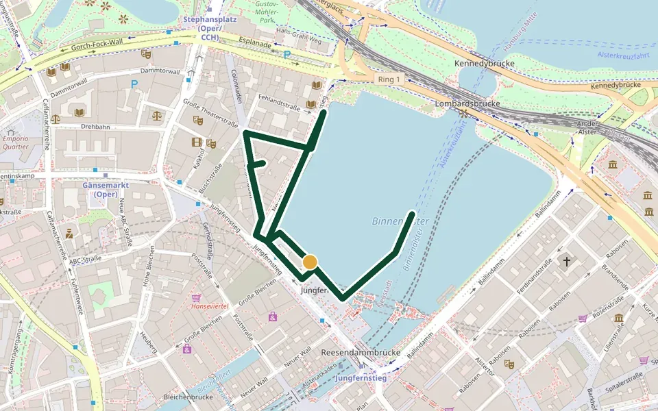 Karte der Laufstrecke Binnenalster-Speedrunde in Hamburg – 1,7 km, Start Jungfernstieg, Alsteranleger