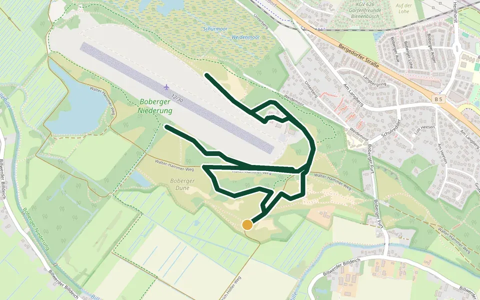 Karte der Laufstrecke Boberger Dünen (Dünenschleife) in Hamburg – 5,4 km, Start Hans-Ulrich-Höller-Weg, Parkplatz Boberger Niederung