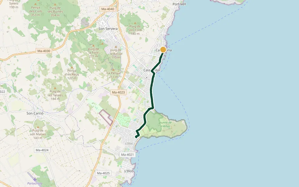 Karte der Laufstrecke Cala Bona, Cala Millor und Sa Coma auf Mallorca – 9,9 km, Start Cala Bona