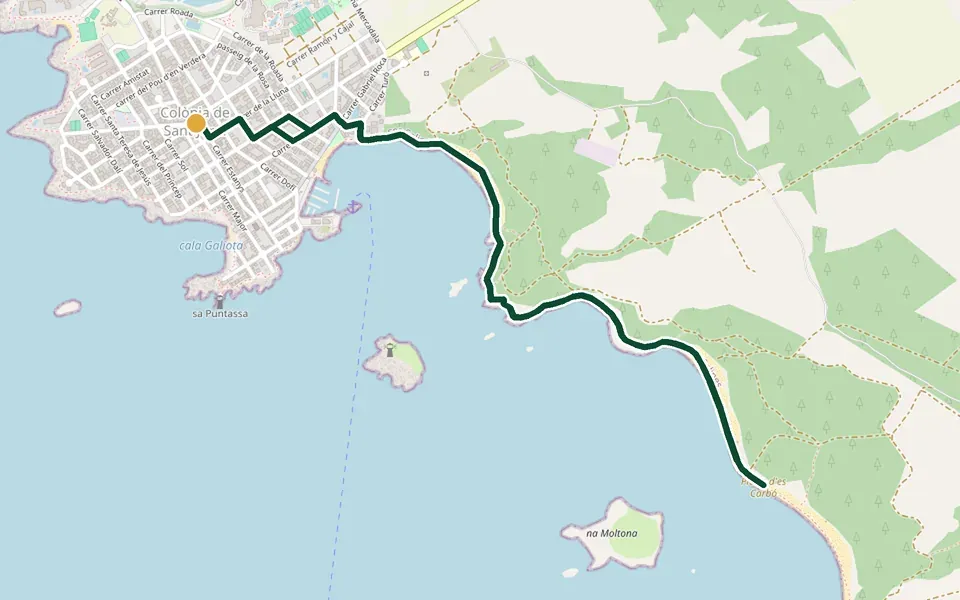 Karte der Laufstrecke Colònia de Sant Jordi bis Platja d'es Carbó auf Mallorca – 6,6 km, Start Colònia de Sant Jordi