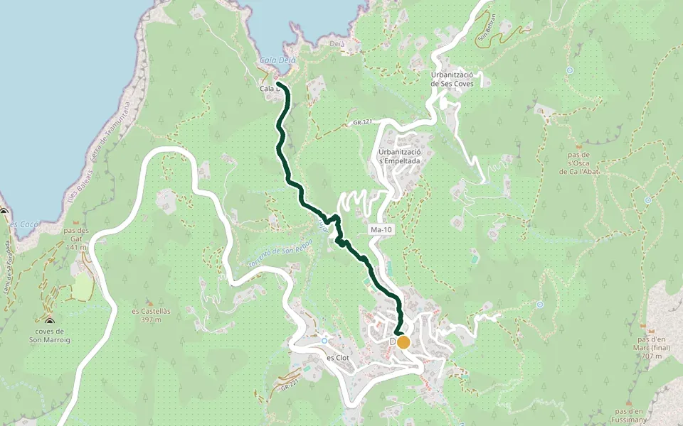 Karte der Laufstrecke Deià zur Cala de Deià auf Mallorca – 3,9 km, Start Deià