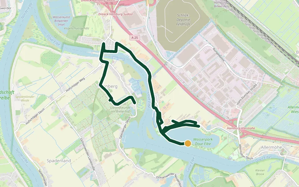 Karte der Laufstrecke Wasserpark Dove-Elbe (Regattastrecke) in Hamburg – 11,7 km, Start Moorfleeter Deich am Wasserpark Dove-Elbe