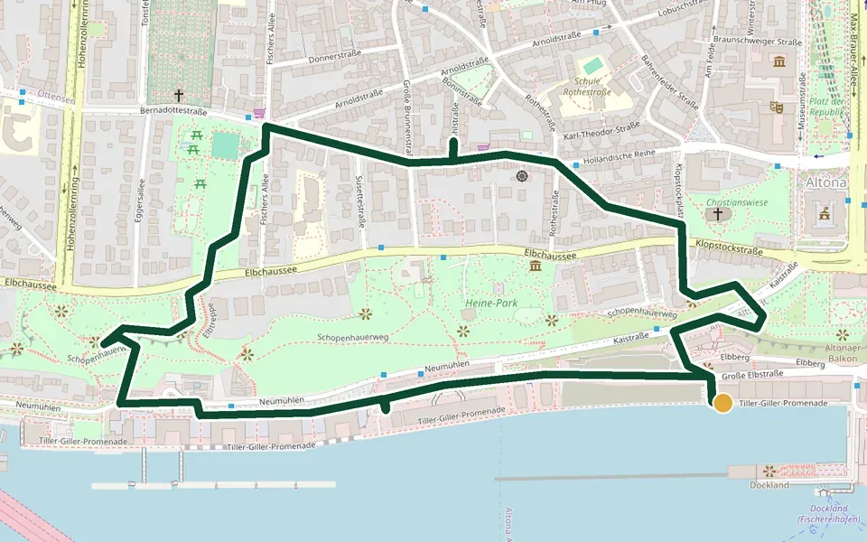 Karte der Laufstrecke Elbhang, Himmelsleiter & Altonaer Balkon in Hamburg – 3,2 km, Start Tiller-Giller-Promenade am Elbufer (Altona)