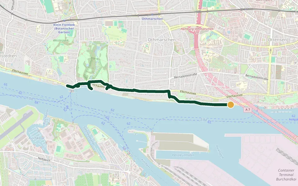 Karte der Laufstrecke Elbstrand Övelgönne in Hamburg – 7,7 km, Start Övelgönne, Höhe Museumshafen (Othmarschen)