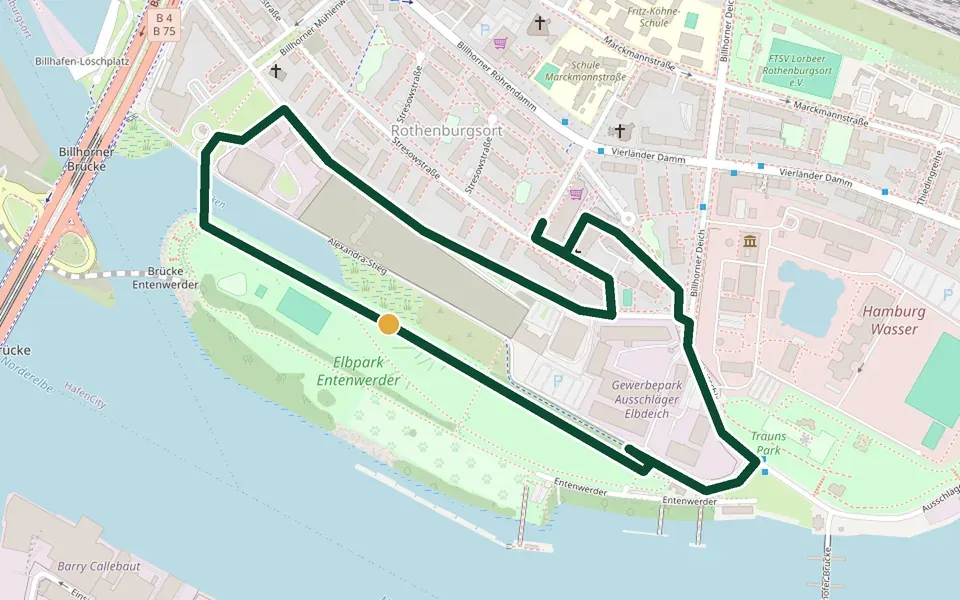 Karte der Laufstrecke Entenwerder Elbpark in Hamburg – 2,6 km, Start Alexandra-Stieg am Elbpark Entenwerder
