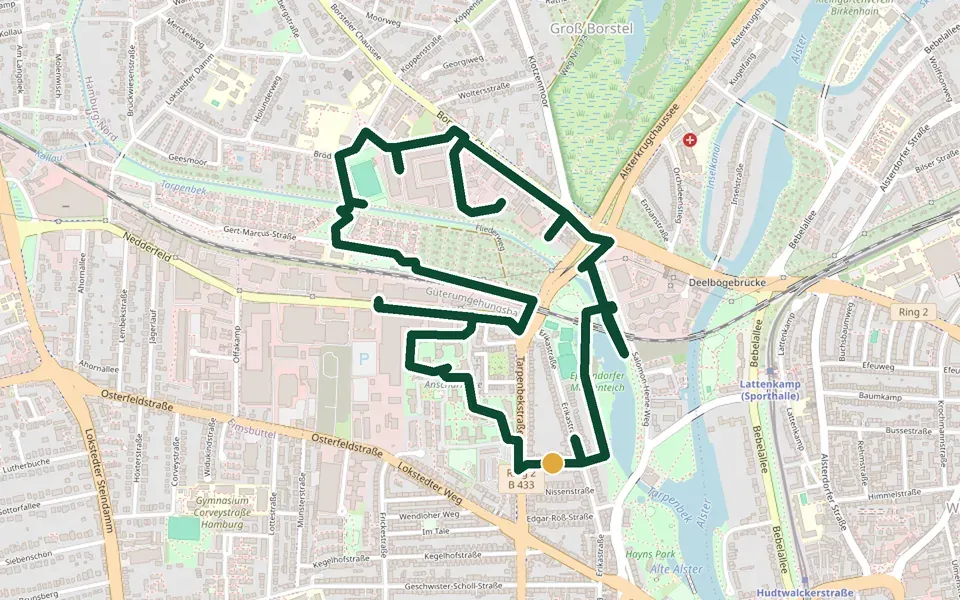 Karte der Laufstrecke Alsterlauf & Eppendorfer Moor in Hamburg – 6,2 km, Start Siemssenstraße am Hayns Park (Eppendorf)