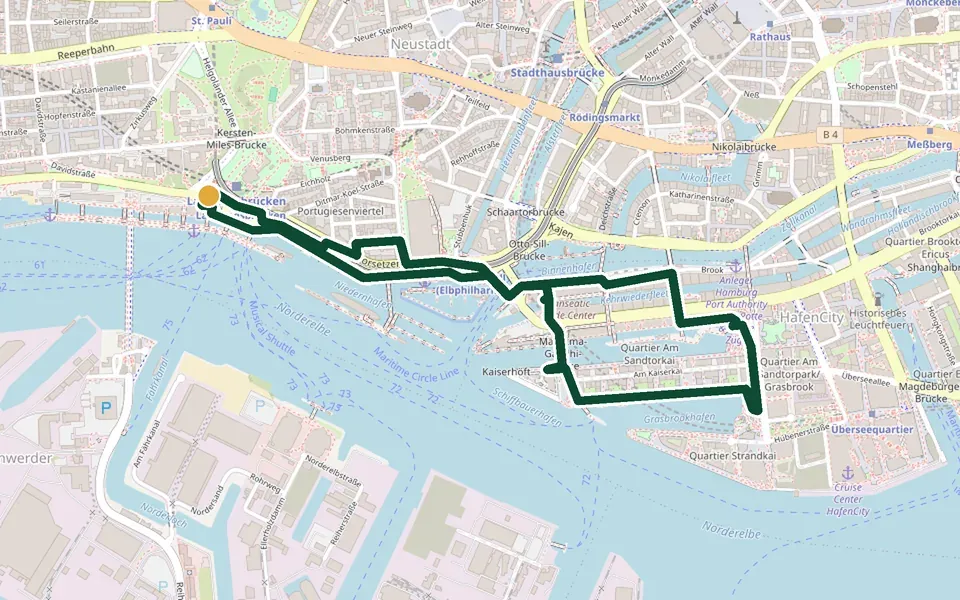 Karte der Laufstrecke Hafen-Skyline-Lauf in Hamburg – 4,5 km, Start Helgoländer Allee an den Landungsbrücken