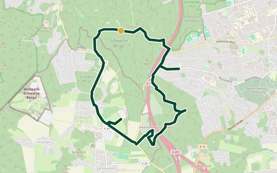 Karte der Laufstrecke Harburger Berge (Karlstein-Trail) in Hamburg – 9,6 km, Start Kaiserstuhl, Waldrand Heimfeld