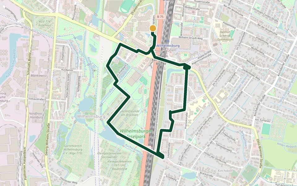 Karte der Laufstrecke Wilhelmsburger Inselpark-Runde in Hamburg – 4,0 km, Start Am Bahngraben, Parkeingang am S-Bahnhof