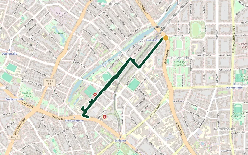 Karte der Laufstrecke Isebekkanal (Kaifu-Runde) in Hamburg – 3,4 km, Start Grindelberg an der Hoheluftbrücke