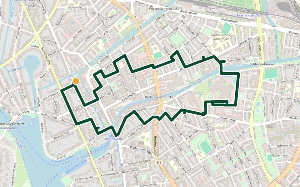 Karte der Laufstrecke Goldbek- & Osterbek-Kanäle in Hamburg – 6,2 km, Start Dorotheenstraße am Goldbekkanal (Winterhude)