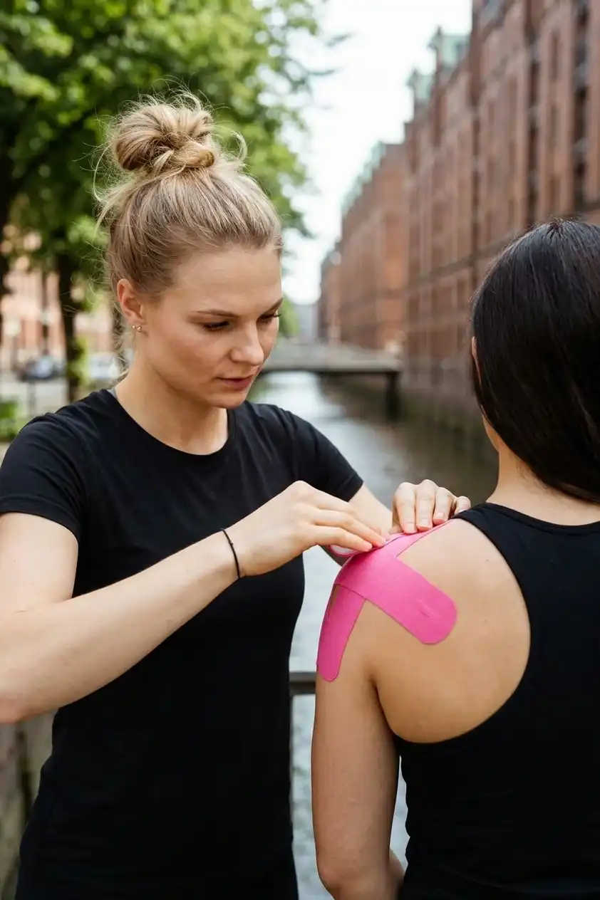 Christina Krämer beim kinesiologischen Taping in der Hamburger Speicherstadt