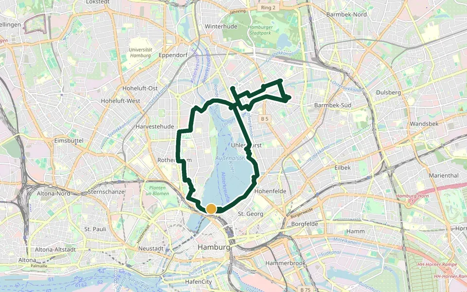 Karte der Laufstrecke Alster + Kanäle (Lange Runde) in Hamburg – 13,3 km, Start Kennedybrücke, Ostseite (St. Georg)