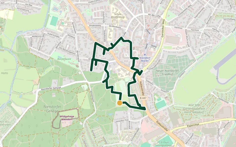 Karte der Laufstrecke Niendorfer Gehege (Südschleife) in Hamburg – 4,1 km, Start Lokstedter Holt, Parkplatz am Südeingang