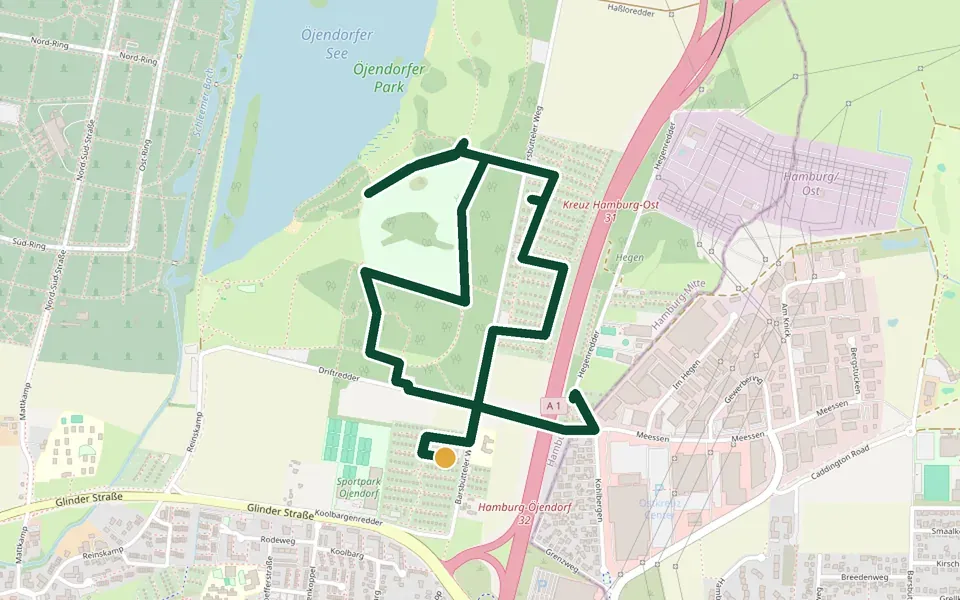 Karte der Laufstrecke Öjendorfer See-Runde in Hamburg – 5,1 km, Start Barsbütteler Weg, Parkeingang Süd (Billstedt)