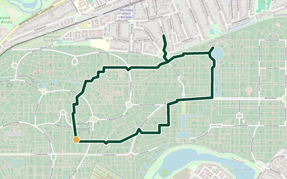 Karte der Laufstrecke Ohlsdorfer Friedhof (Parkrunde) in Hamburg – 4,9 km, Start Cordesallee am Haupteingang Fuhlsbüttler Straße