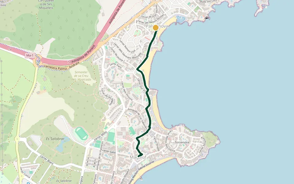 Karte der Laufstrecke Palmanova bis Magaluf auf Mallorca – 3,8 km, Start Palmanova