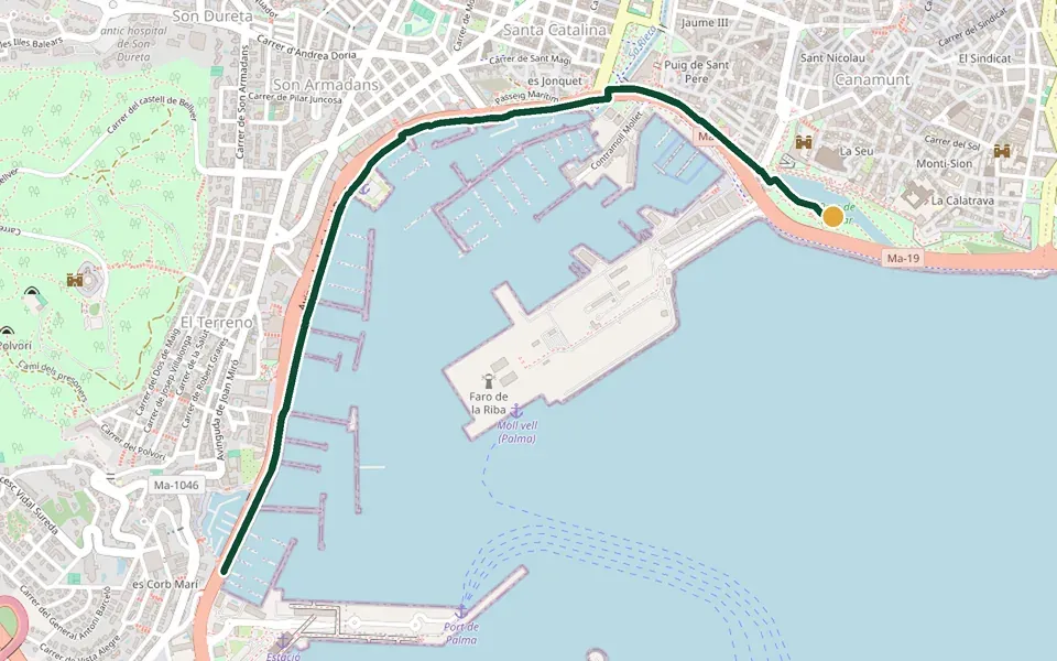 Karte der Laufstrecke Passeig Marítim: Kathedrale bis Club de Mar auf Mallorca – 6,5 km, Start Parc de la Mar, unterhalb der Kathedrale
