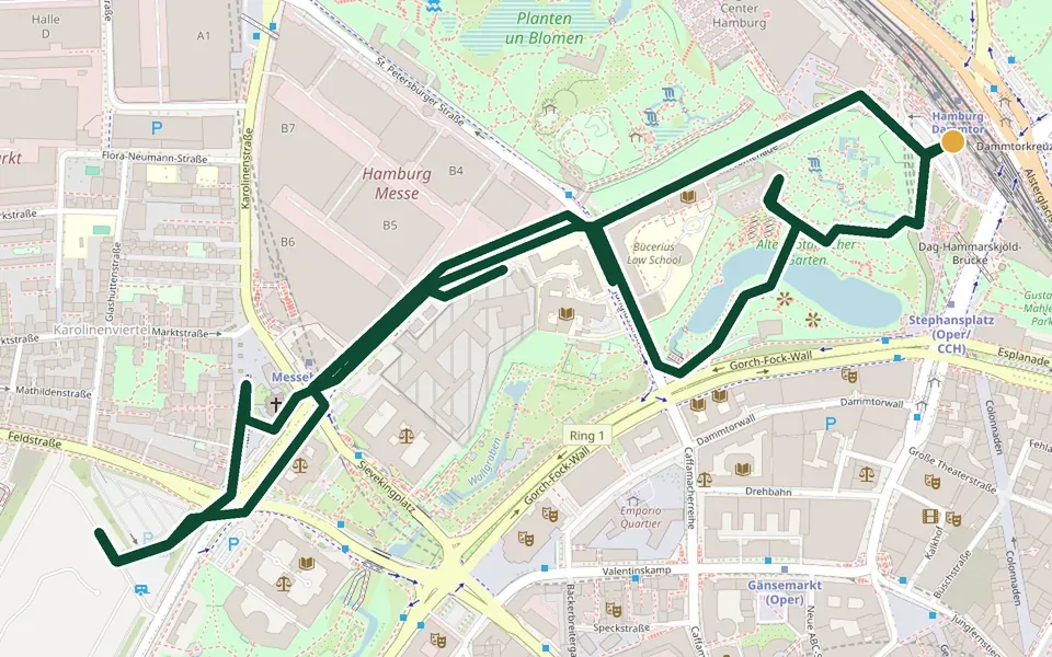 Karte der Laufstrecke Planten un Blomen & Wallanlagen in Hamburg – 3,8 km, Start Dag-Hammarskjöld-Platz am Bahnhof Dammtor