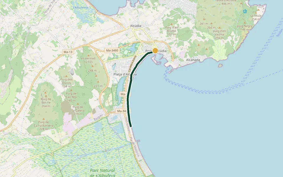 Karte der Laufstrecke Platja d'Alcúdia bis Platja de Muro auf Mallorca – 8,8 km, Start Port d'Alcúdia