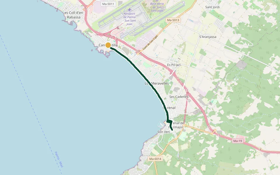 Karte der Laufstrecke Platja de Palma: Can Pastilla bis s'Arenal auf Mallorca – 11,4 km, Start Can Pastilla