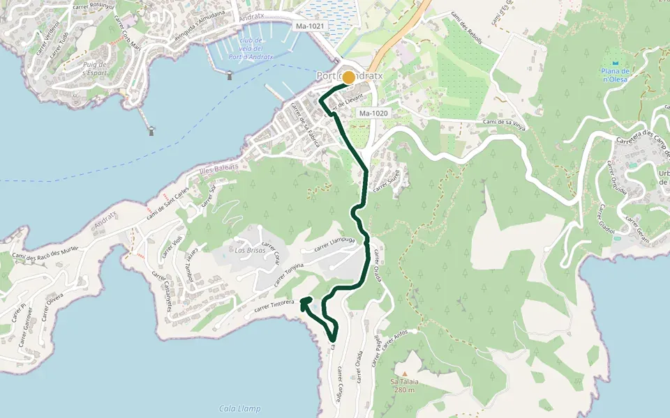 Karte der Laufstrecke Port d'Andratx bis Cala Llamp auf Mallorca – 4,5 km, Start Port d'Andratx
