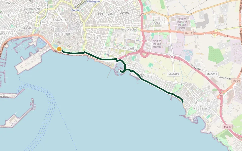Karte der Laufstrecke Portitxol und Ciutat Jardí auf Mallorca – 9,4 km, Start Parc de la Mar, unterhalb der Kathedrale