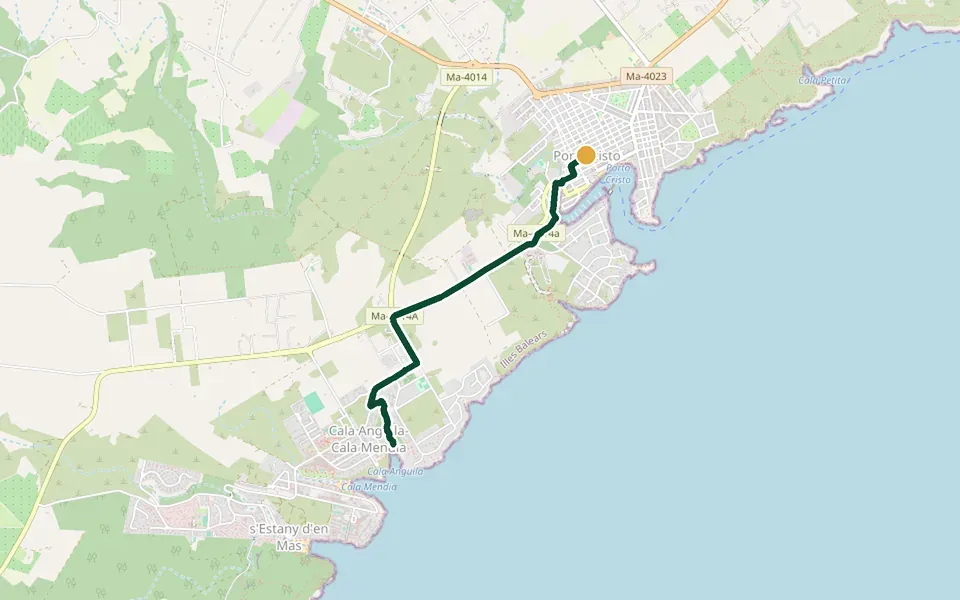 Karte der Laufstrecke Porto Cristo bis Cala Anguila auf Mallorca – 7,0 km, Start Porto Cristo
