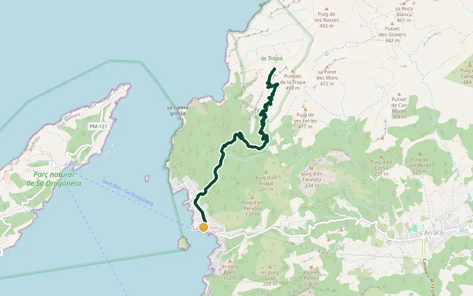 Karte der Laufstrecke Sant Elm bis La Trapa auf Mallorca – 10,1 km, Start Sant Elm