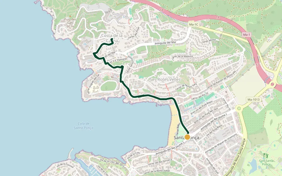 Karte der Laufstrecke Santa Ponsa bis Costa de la Calma auf Mallorca – 4,8 km, Start Santa Ponsa