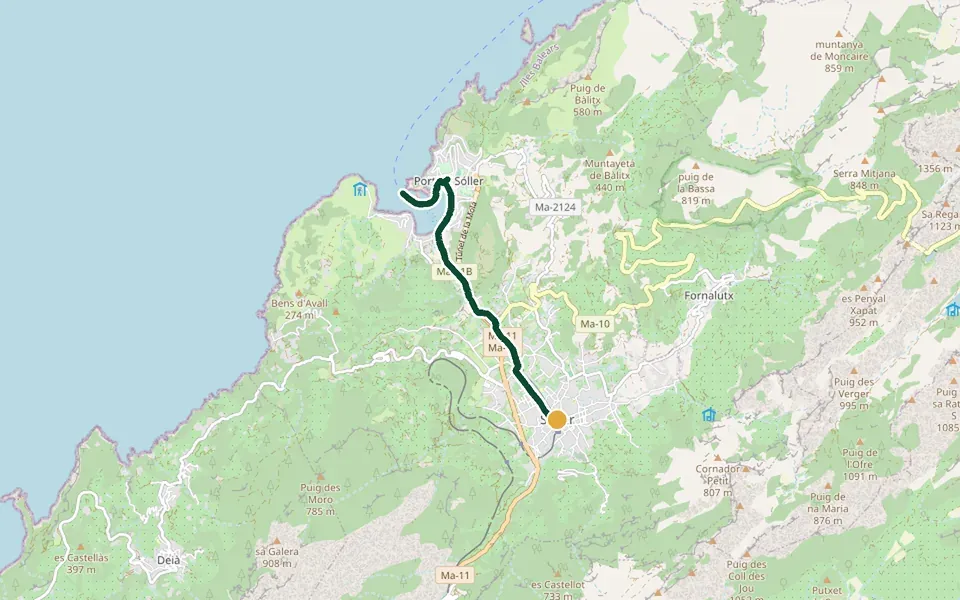 Karte der Laufstrecke Sóller bis Port de Sóller auf Mallorca – 10,7 km, Start Ortsmitte Sóller