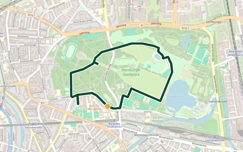 Karte der Laufstrecke Stadtpark-Runde in Hamburg – 3,7 km, Start Südring, Höhe Planetarium (Winterhude)