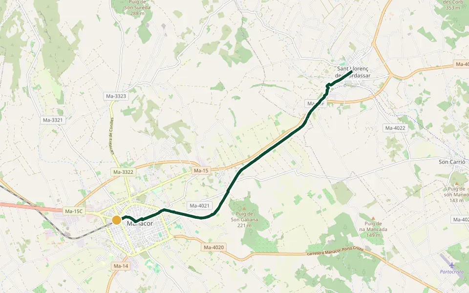 Karte der Laufstrecke Vía Verde: Manacor bis Sant Llorenç auf Mallorca – 9,5 km, Start Bahnhof Manacor