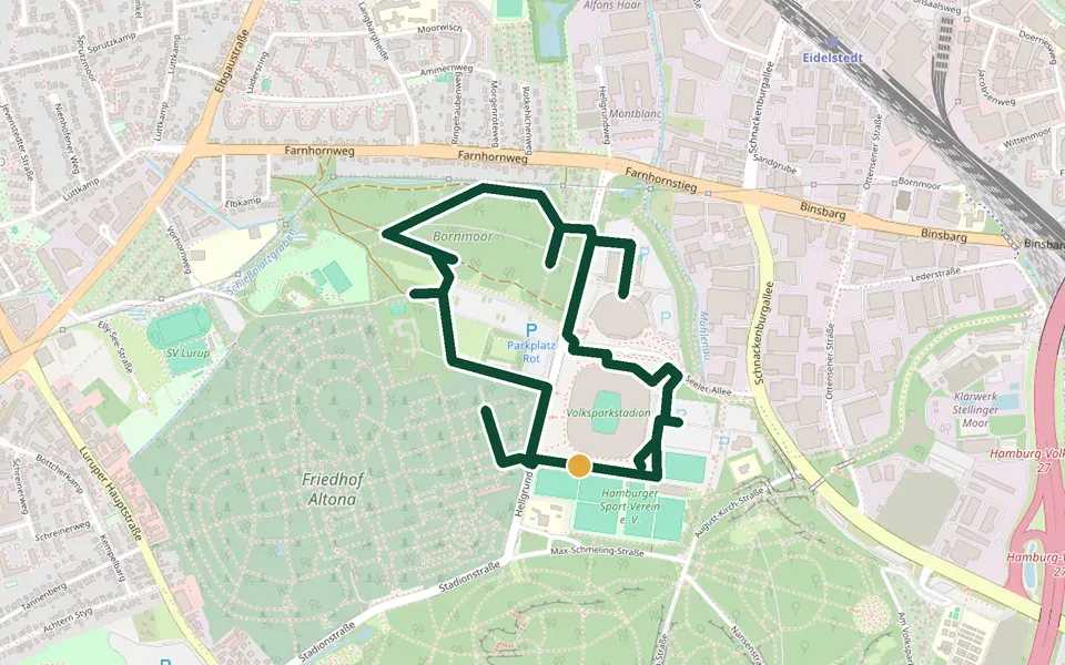 Karte der Laufstrecke Altonaer Volkspark (Hügel-Run) in Hamburg – 4,4 km, Start Hellgrundweg, Eingang beim Dahliengarten (Bahrenfeld)