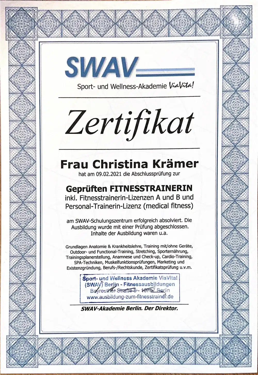 Zertifikat: Geprüfte Fitnesstrainerin, Sport- und Wellness-Akademie ViaVita