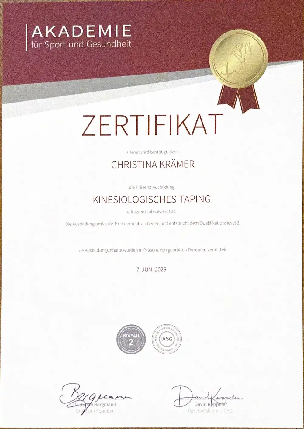 Zertifikat: Kinesiologisches Taping, Akademie für Sport und Gesundheit