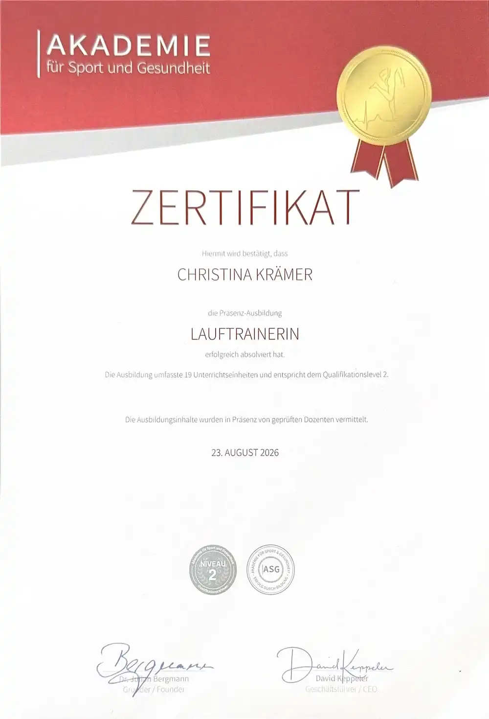 Zertifikat: Lauftrainerin, Akademie für Sport und Gesundheit