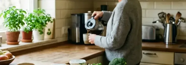 Frische alltägliche Lebensmittel auf einer Küchenarbeitsplatte im Tageslicht