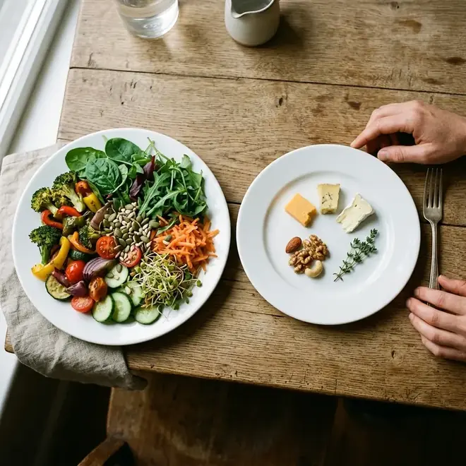 Zwei Teller im Vergleich von oben: Ein großer Teller Salat und Gemüse neben einem kleinen Teller Nüsse und Käse