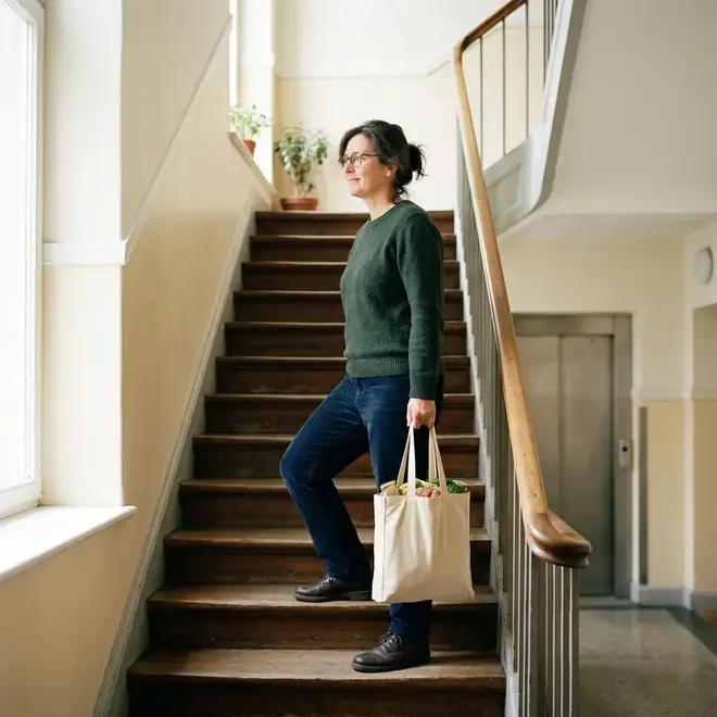 Eine Person steigt im Treppenhaus mit Einkaufstasche die Stufen hoch
