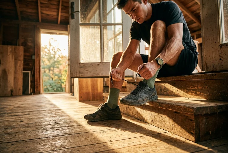 Der Moment des Startens: Ein Sportler schnürt konzentriert die Laufschuhe auf Stufen im warmen Morgenlicht