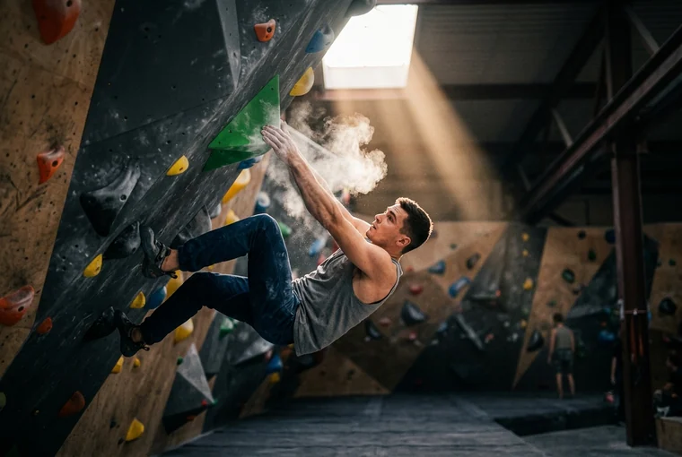 Konzentrierter Boulderer klettert an einer überhängenden Wand im spektakulären Lichtstrahl – Open-Skill-Fokus bei ADHS