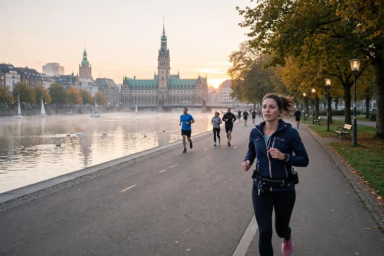Eine Läuferin läuft frühmorgens am Ufer der Außenalster, dahinter Nebel über dem Wasser und das Hamburger Rathaus im Sonnenaufgang