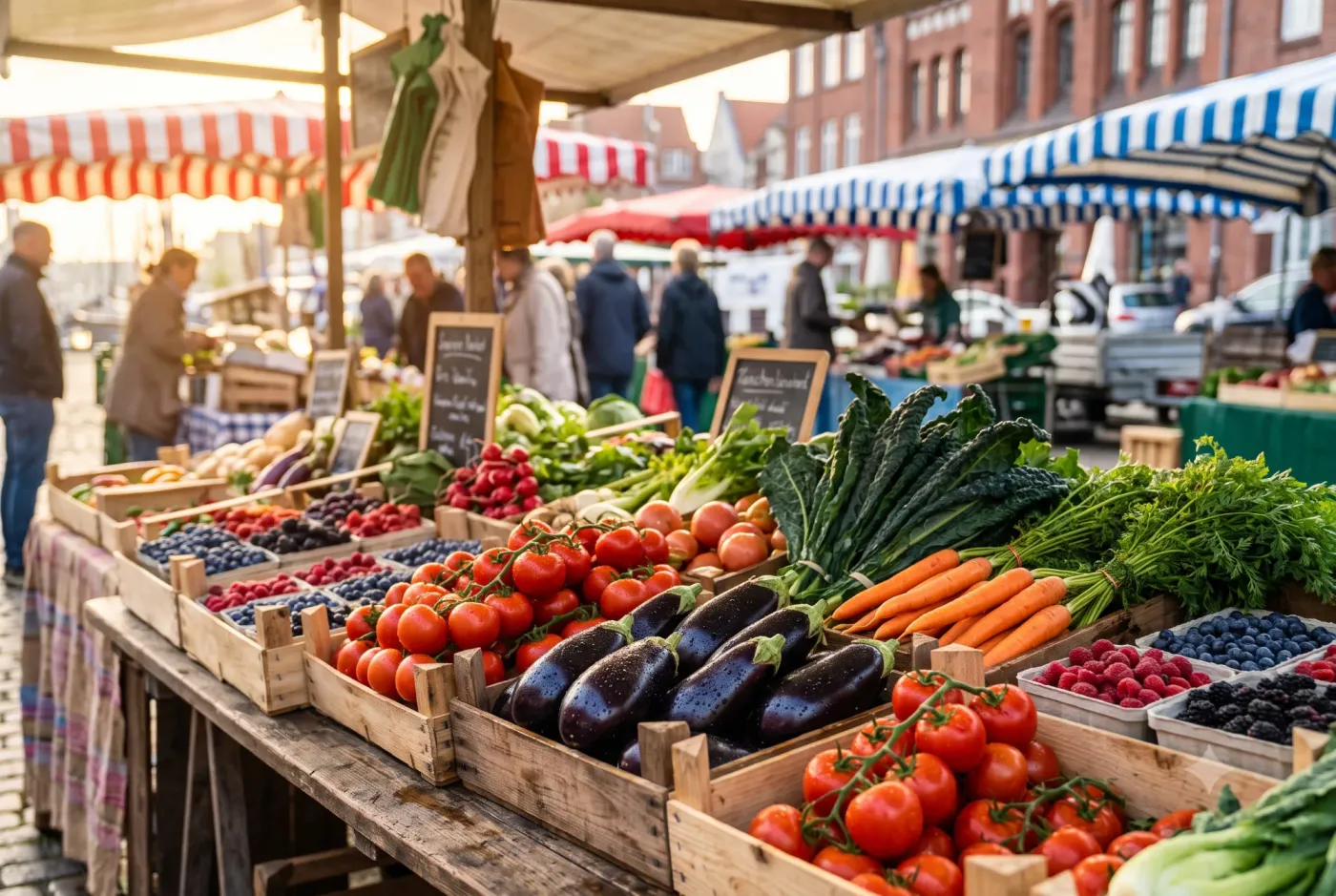 Bio-Wochenmarktstand im warmen Morgenlicht mit Kisten voller Tomaten, Auberginen, Bundmöhren und Beeren