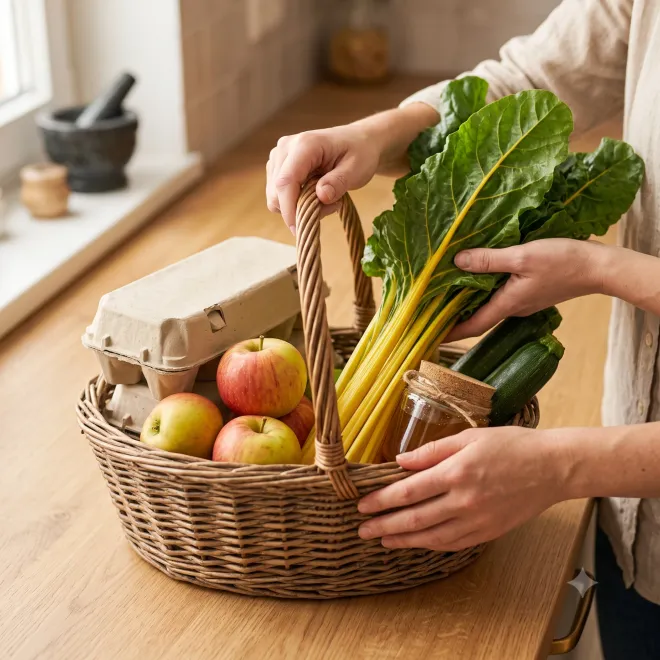 Zwei Hände packen eine Biokiste mit Mangold, Äpfeln, Zucchini, Eiern und einem Glas Honig auf einer Küchenarbeitsplatte aus