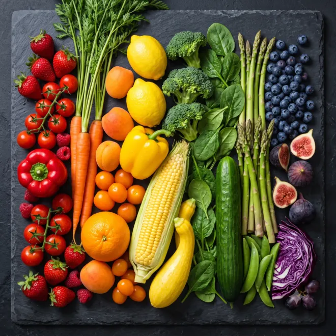 Saisonales Obst und Gemüse als Farbverlauf von Rot über Orange und Grün bis Violett auf dunklem Schiefer angerichtet