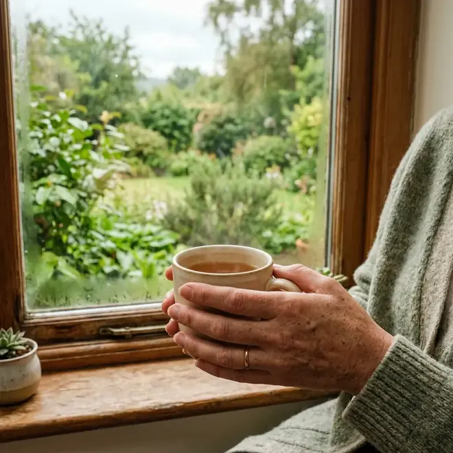 Eine Hand hält eine warme Tasse am morgendlichen Fenster mit Blick ins Grüne